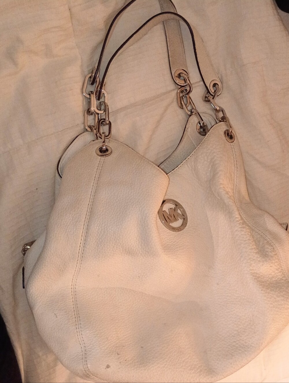Michael Kors Cream Pebbled Leather Shoulder Bag with Silver Hardware